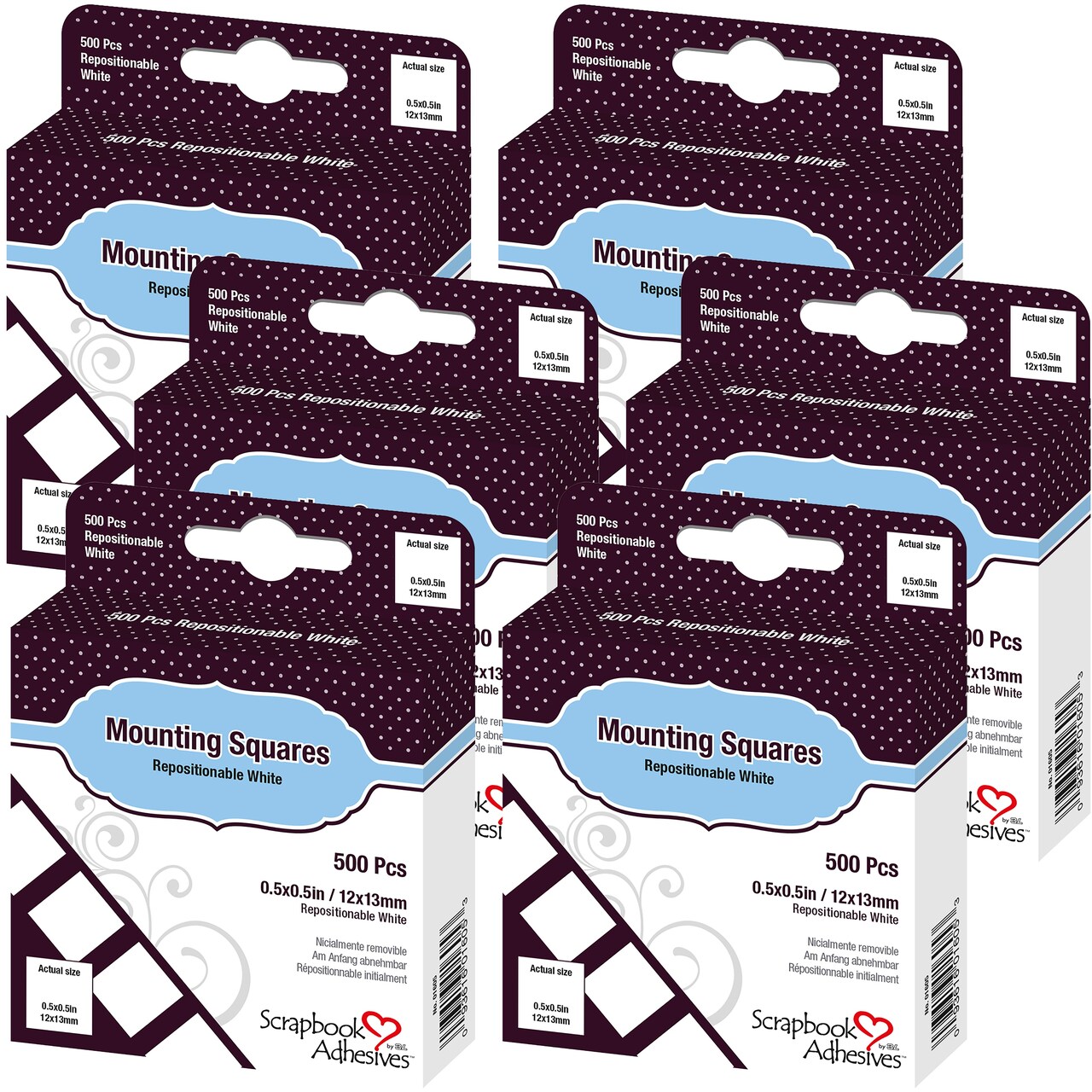 Multipack of 6 - Scrapbook Adhesives Mounting Squares 500/Pkg-Repositionable, White, .5"X.5"